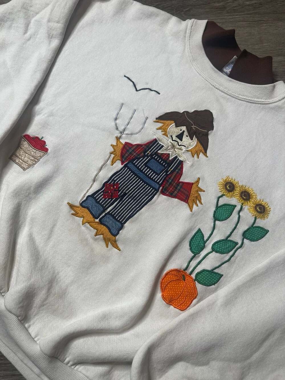 Vintage Jerzees Scarecrow Fall Pumpkin Applique Crewneck Sweatshirt Large Made i - Picture 4 of 6